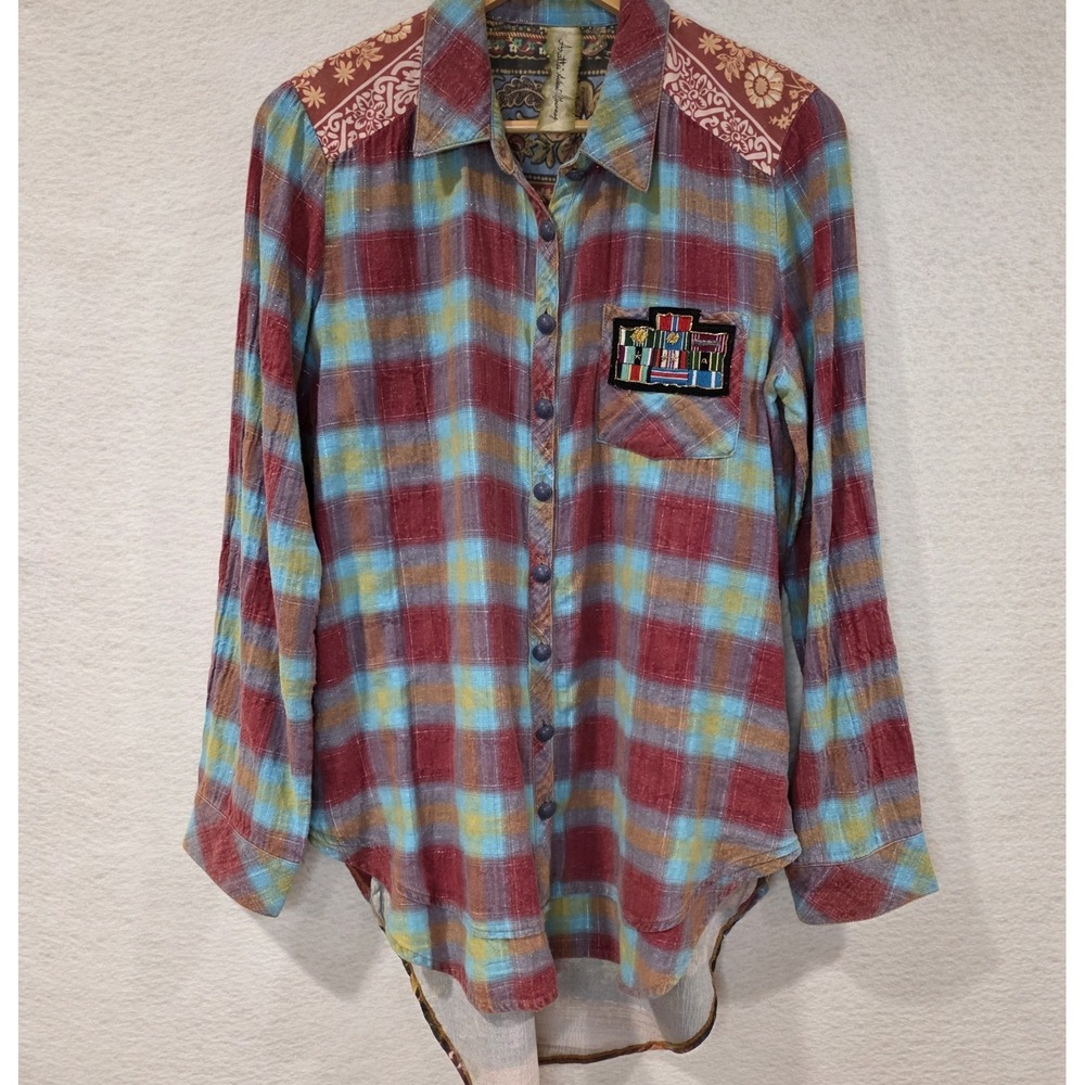 Aratta Silent Journey Plaid Flannel Shirt Floral Ocean Back Panel Boho Small